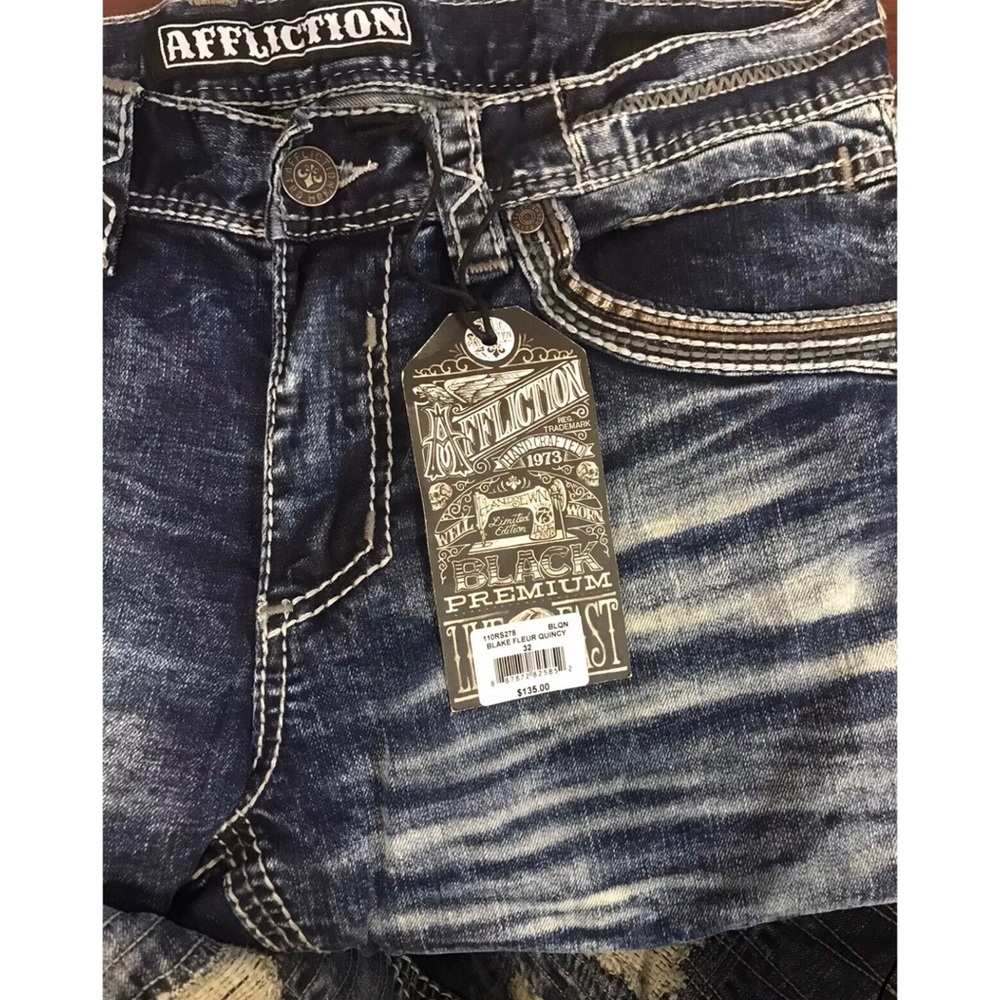 AFFLICTION Men Denim Jeans BLAKE FLEUR QUINCY Embr - Picture 5 of 9